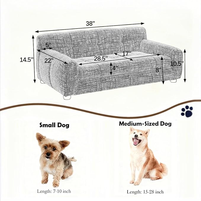 Dog Couch Bed, 38" Memory Foam Sofa for Dogs with Backrest and Armrest, Durable Pet Sofa with Soft Cushion, Elevated Dog Couch Bed with Legs for Medium Dogs, Stone Grey