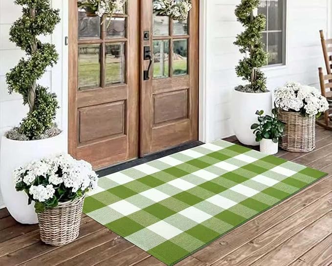 Green and White Front Porch Rug 2'X4.3'Buffalo Plaid Checked Outdoor Rug Cotton Woven Washable Layering Door Mat for Welcome Mat Entryway Bedroom Living Room