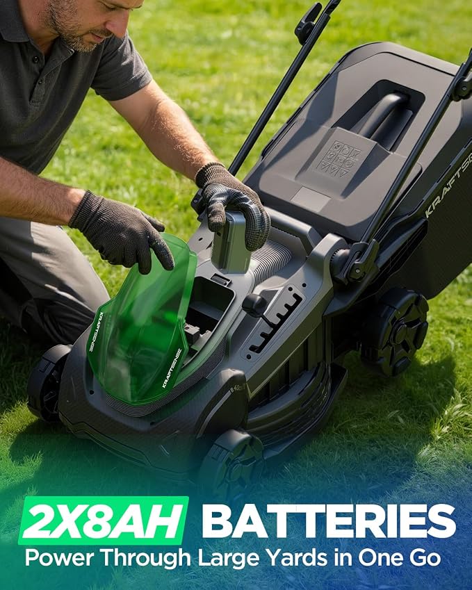 18" 40V Brushless Cordless Electric Lawn Mower | Includes Two 20V 8.0Ah Batteries & Charger, 6-Level Height Adjustment (25mm-75mm), 50L Collection Bag, and 2 Spare Blades
