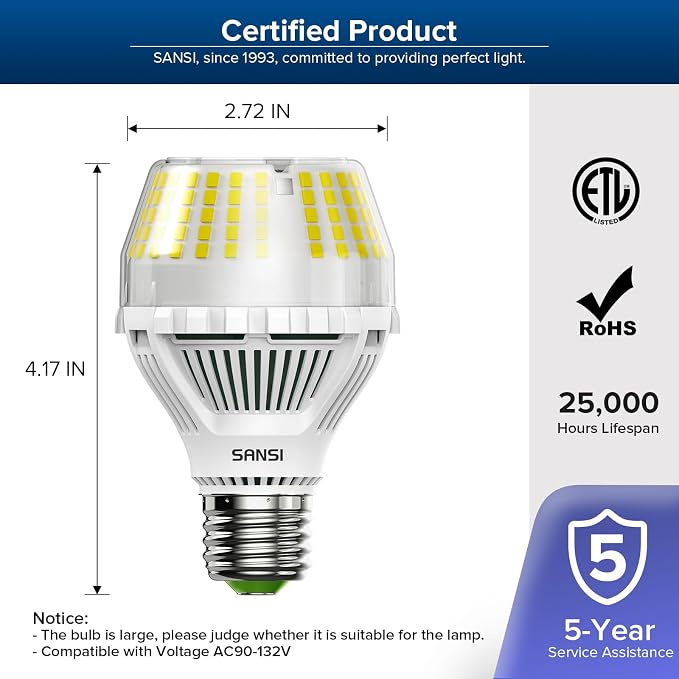 SANSI Dimmable LED Light Bulbs, Daylight 5000K Large A19 150W Eqv, 1 Pack | Dimmable Light Bulbs, Flicker Free, Super Bright, 2500LM, CRI 85, E26, 22-Year Ceramic LED, Energy Saving, Home Office Garage