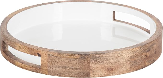 Kate and Laurel Ehrens Boho Wood Tray, 15 Inch Diameter, Natural and White, Round Accent Tray for Transitional Decor