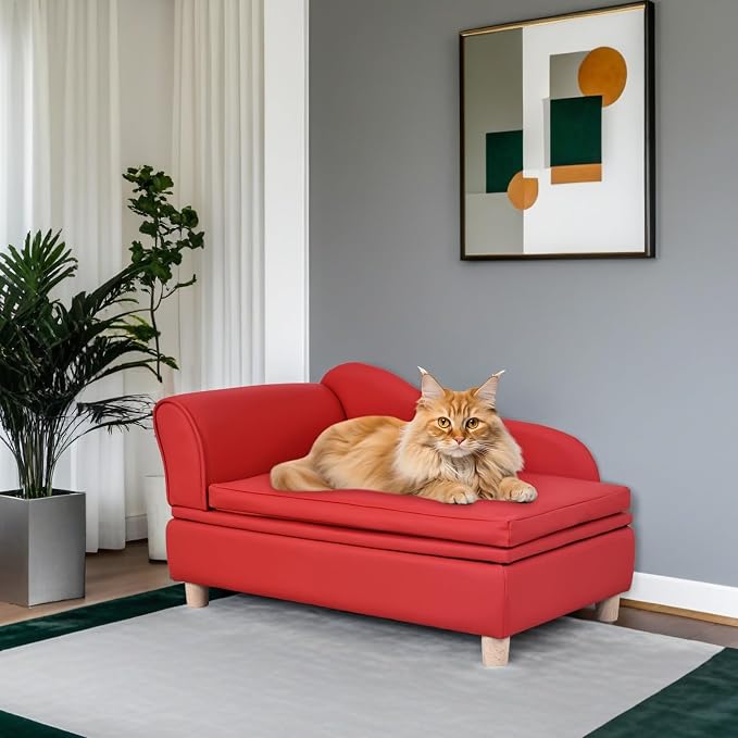 PU Leather Dog Sofa and Chair with Storage - Wooden Frame Cat Sofa Couch with Cushion,Small Pet Bed Sofa for Puppy and Cats (Red)