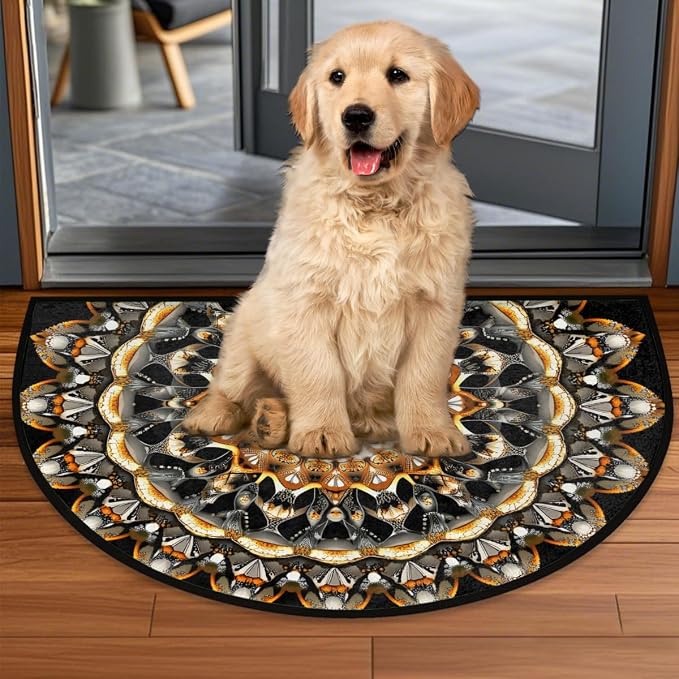 Boho Bohemia Gold Half Round Door Mat Non-Slip Semi Circle Rug Washable Half Moon Floor Rug Absorbent Bathroom Area Rugs for Outdoor Indoor Fireplace Mat Entryway Kitchen Decor Rugs