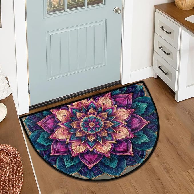 Bohemia Mandala Boho Half Round Door Mat Non-Slip Semi Circle Rug Washable Half Moon Floor Rug Absorbent Bathroom Area Rugs for Outdoor Indoor Fireplace Mat Entryway Kitchen Decor Rugs
