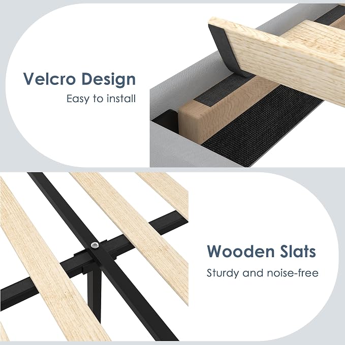VECELO Queen Size Platform Bed Frame with Height Adjustable Upholstered Headboard, Modern Mattress Foundation,Strong Wood Slat Support, No Box Spring Needed, Easy Assembly,Light Grey