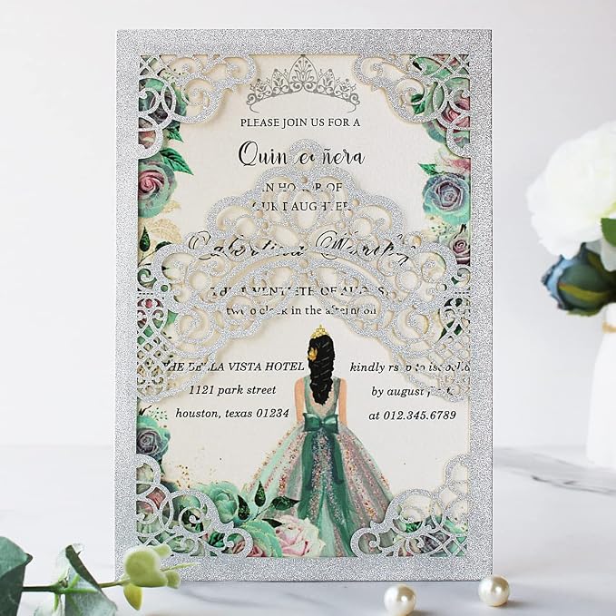Hosmsua 50PCS 5.1x7.3 Inch Silver Glitter Quinceanera Invitations Cards Laser Cut Floral Crown Pocket Invitation with Envelopes for Birthday Bridal Shower