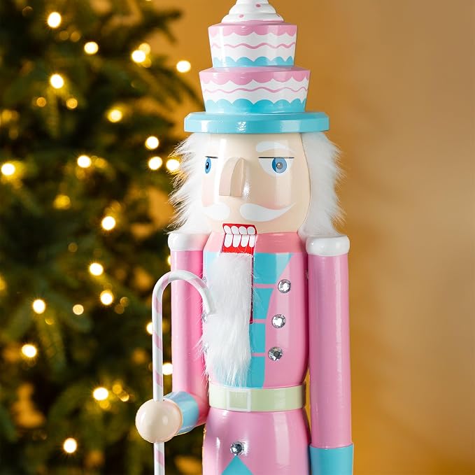 Glitzhome Nutcracker Christmas Decorations 24 Inch Wooden Nutcracker Soldier with Candy Cane & Cupcake for Xmas Holiday Decor Porch Gateway
