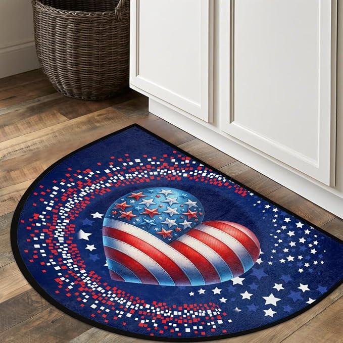 USA Flag Half Round Doormat Semi Circle Rug Half Moon Rug Entryway Mat | Heart Washable Non Slip Outdoor Floor Rug Kitchen Mat for Indoor Outdoor Bathroom Fireplace Bath Decor