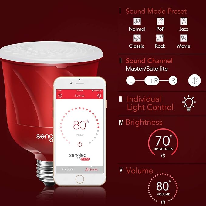 Sengled Pulse LED Smart Bulb with JBL Bluetooth Speaker, App Controlled Up to 8 BR30 LED Light Bulbs with Starter Kit, E26 Base, Compatible with Amazon Alexa, Candy Apple Red, 2 Pack