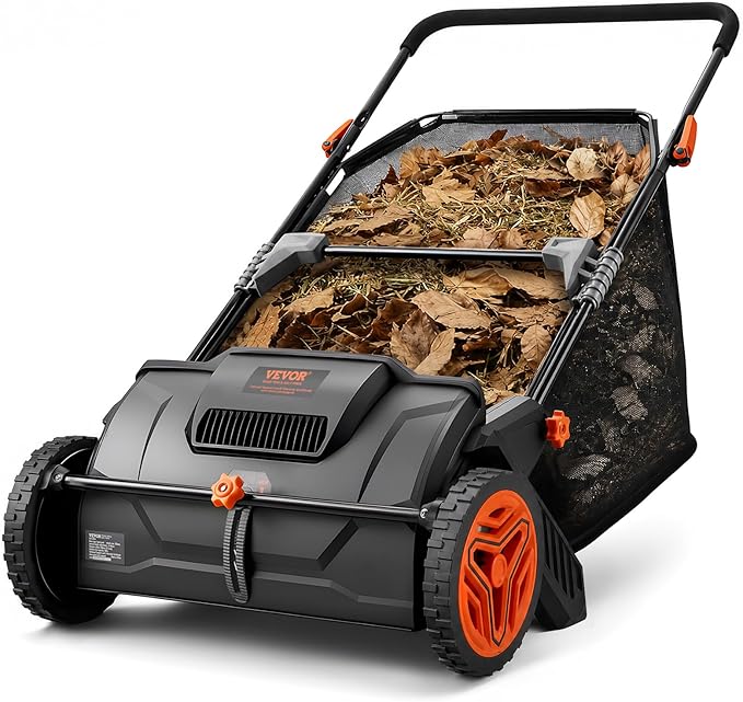 VEVOR Push Lawn Sweeper, 21inch Leaf & Grass Collector, Heavy Duty Thickened Steel Durable to Use with Large Capacity 3.5 cu. ft. Mesh Collection Hopper Bag, 2 Spinning Brushes | Adjustable Brush Height & 2 Spinning Brushes, Manual Yard Sweeper for Lea...