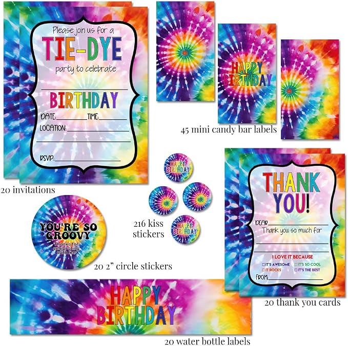 Amanda Creation Deluxe Colorful Tie-Dye Birthday Party Bundle Includes 20 Invitations & Thank You Cards with Envelopes + 3 Different Sizes of Stickers & Water Bottle Labels!