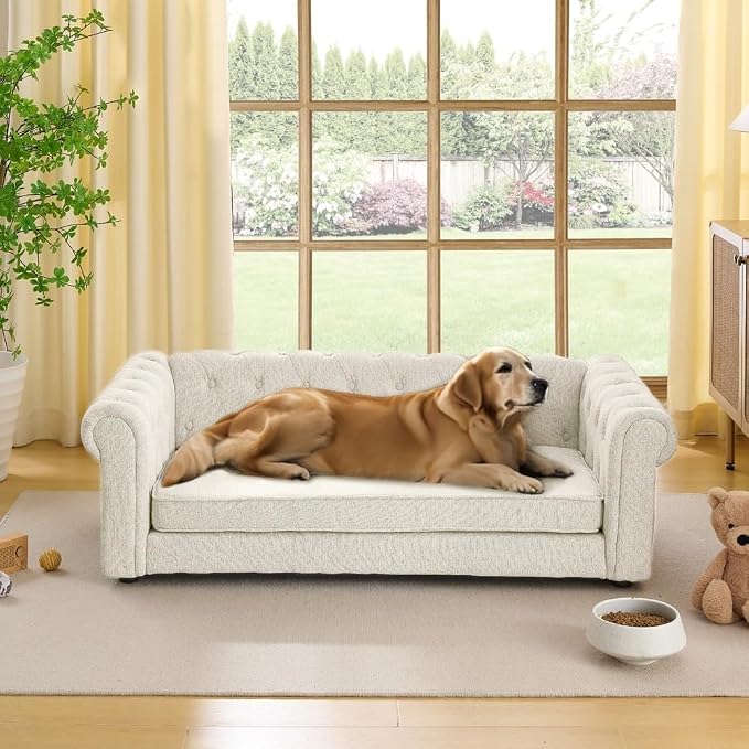 Large Dog Couch, for Large & Extra Large Dogs | Removable & Washable | No Assembly Required | Breathable Linen Fabric | Soft Foam |Floor-friendly sofa legs | Beige