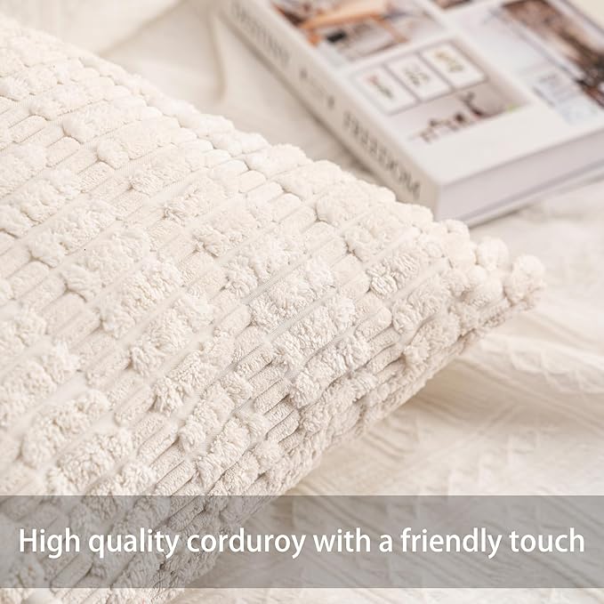 Pack of 2 Corduroy Decorative Throw Pillow Covers 22x22 Inch Soft Striped Pillow Covers Modern Farmhouse Home Decor for Sofa Living Room Couch Bed（Cream White）