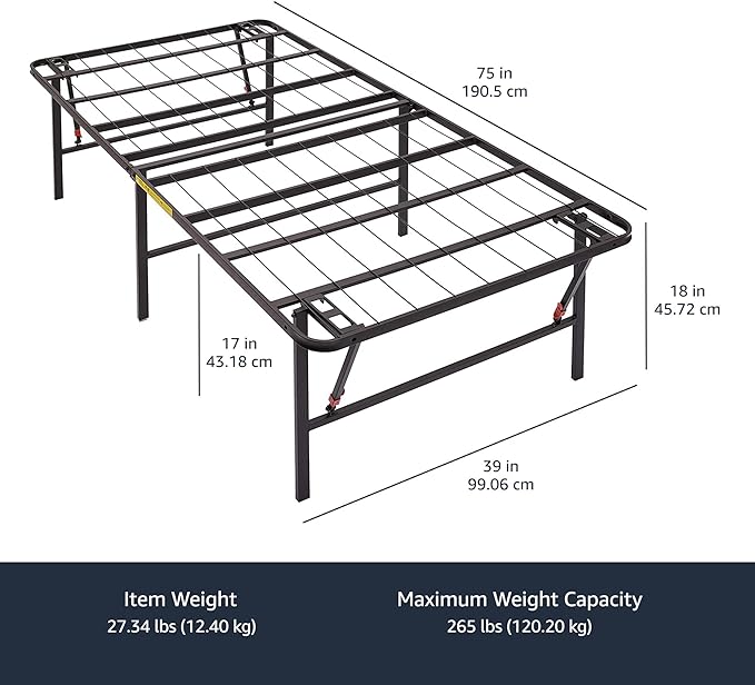Amazon Basics Foldable Metal Platform Bed Frame, Noise-Free Mattress Foundation with Tool-Free Assembly, 18 Inches High, Sturdy Steel Frame, No Box Spring Needed, Twin Size, Black