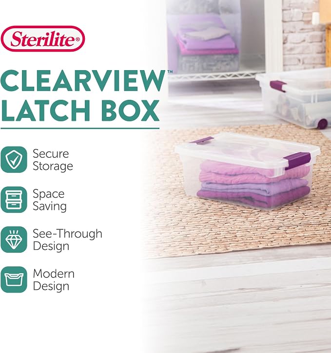 Sterilite ClearView Latch Boxes, Storage Bins with Lids, 15 Quart, 36-Pack | Clear Plastic Organizers with Color Accent Latches for Closet, Bedroom, Shelving Units, Dorm Room and Home Organization