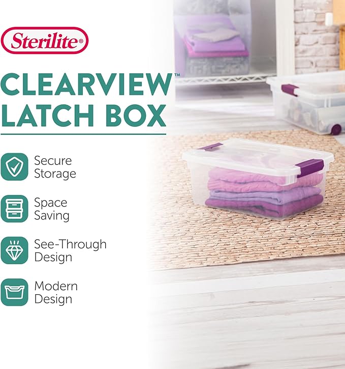 Sterilite 24-Pack ClearView Latch Box, Stackable Storage Organizer Bins for Home, 15 Quart | Clear Plastic Organizers with Color Accent Latches for Closet, Bedroom, Shelving Units, Dorm Room and Home Organization