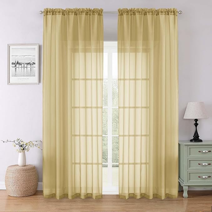 Lecloud Gold Sheer Curtains 90 Inches Long 2 Panels Set, Living Room Curtains by Lecloud
