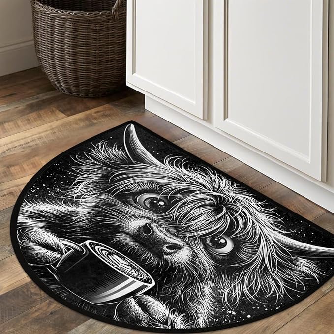 Cow Half Round Door Mat Semi Circle Rug Half Moon Doormat | Soft Washable Black Animal Welcome Entrance Mat for Outdoor Indoor Floor Bedroom Bathroom Home Kitchen Festival Decor
