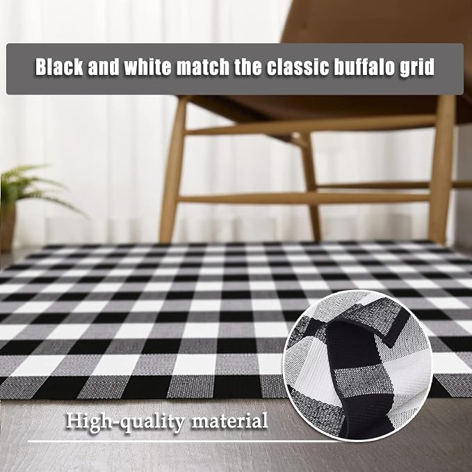 Buffalo Plaid Outdoor Rug 4'x6' Washable Black White Checkered Rug Indoor Outdoor Carpet Woven Cotton Door Mat for Front Porch, Kitchen, Bathroom, Entry Way, Living Room