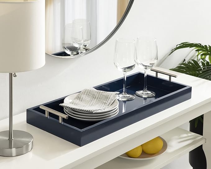Kate and Laurel Lipton Narrow Decorative Tray; 10 x 24; Navy Blue and Silver; Chic Accent Tray for Display and Storage