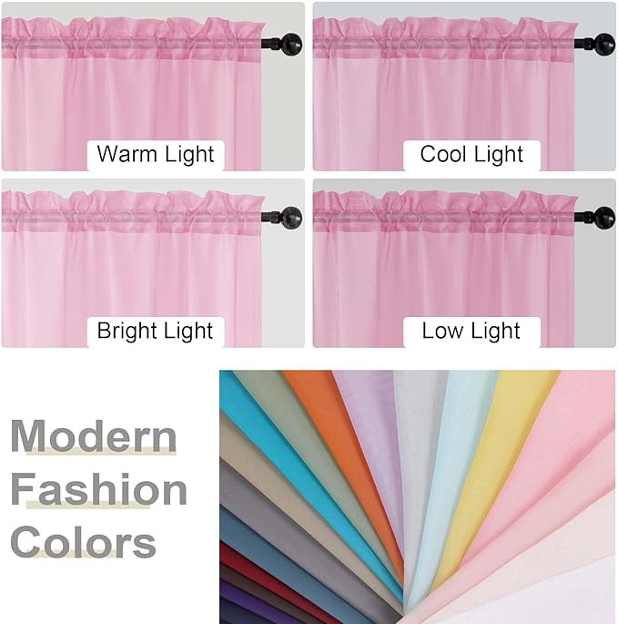 Pink Valances for Windows, Pink Sheer Curtains 14 Inch Length 2 Pack Kitchen Curtain, Modern Solid Mini Small Window Curtains for Cafe Bathroom Basement, Pink, Each 42" Wx14 L Inches