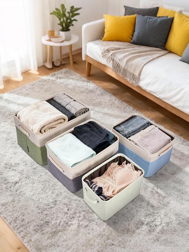 BALEINE 2 Pack Fabric Closet Storage Bins for Shelves, Linen Closet Organizers and Storage, Decorative Baskets for Organizing, Shelf, Clothes, Home, Office (White, 12"x8"x8")