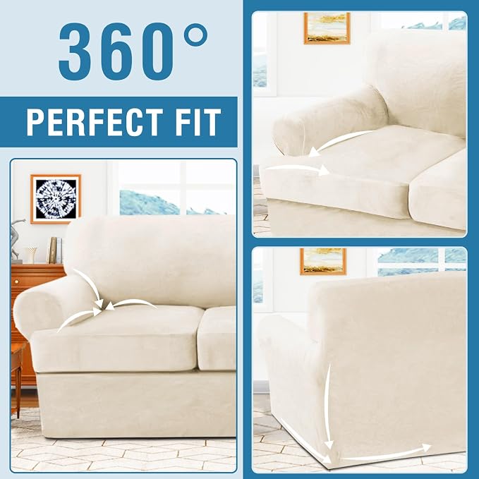 H.VERSAILTEX Sofa Cover 4 Piece T Cushion Sofa Slipcovers Thick Velvet Couch Cover Stretch T Cushion Sofa Covers for 3 Cushion Couch with 3 Individual T Cushion Covers, Cream