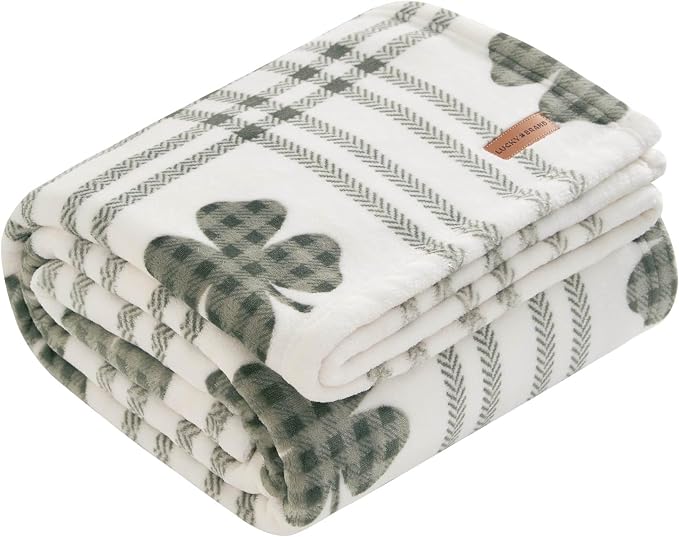 Lucky Brand 50" x 70" Plush Throw Blanket, Clover Gingham Plaid Sage Green Blanket for Sofa or Bed