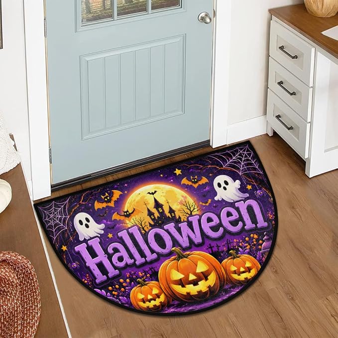 Halloween Half Round Door Mat Outdoor Doormat Bedroom Entrance Rug A5 | Halloween Pumpkin Semi Moon Door Mat Non-Slip Absorbent Kitchen Rug Indoor Welcome Bath Mat 36" X 24"