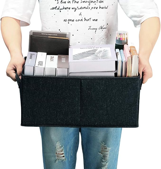 HOONEX Linen Foldable Storage Bins with Lids, 2 Pack, Storage Boxes with Carrying Handles and Sturdy Heavy Cardboard, 16.5" L x 11.8" W x 7.5" H for Shoes, Books, Clothes, Nursery, Dark Grey