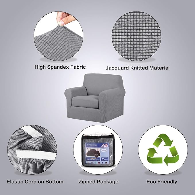 H.VERSAILTEX Stretch Armchair Covers Slipcover 2 Piece Chair Covers for Living Room Furniture Cover Suit for T Cushion/Box Cushion, Spandex Jacquard Fabric Small Checks(Armchair-Standard, Dove)