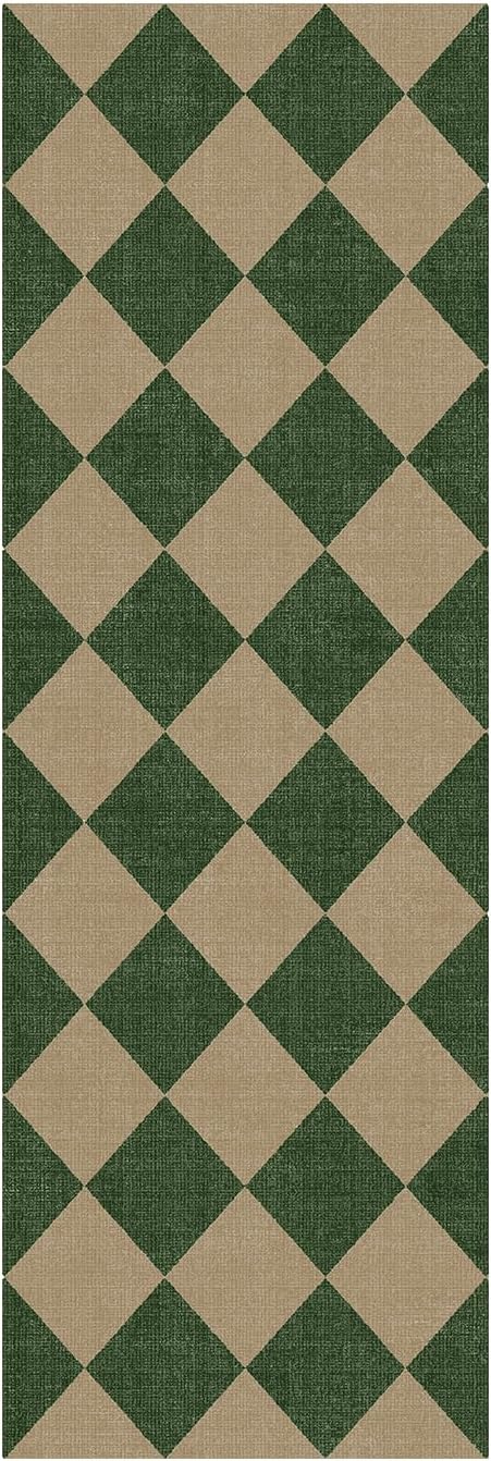 Lessymo Kitchen Runner Rug 2x6 Checkered Jute Rugs Washable Non Slip, Green | for Entryway Hallway Bedside, Indoor Outdoor Carpets for Patio Porch, Stain Resistant, Kid Pet Friendly, Diamond Green/Beige