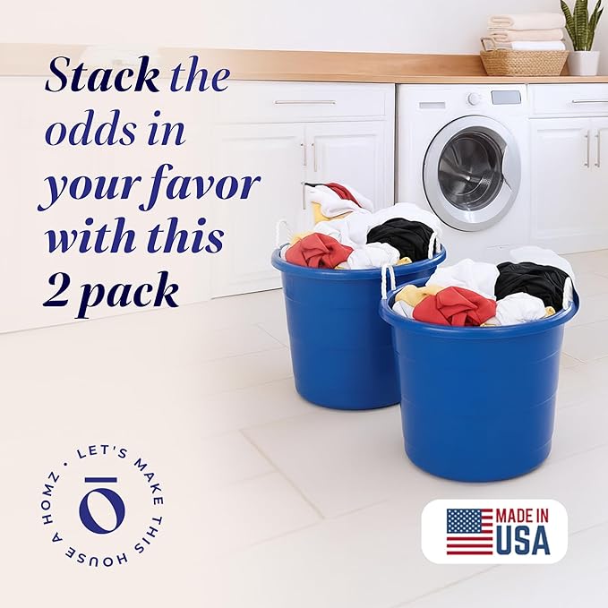 Homz 2 Pack of 17 Gallon Storage Buckets, Durable Plastic Containers, Sturdy Rope Handles, Large Tubs for Sports Equipment, Party Cooler, Gardening, Toys and Laundry, Blue