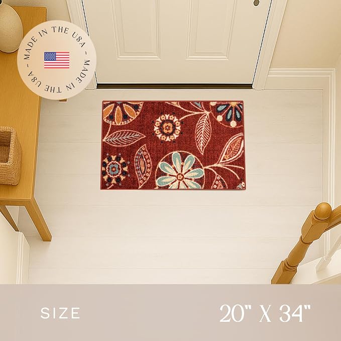Maples Rugs Reggie Floral Kitchen Rug - Made in USA - Washable, Non Slip Indoor Carpet for Entryway, Foyer, Kitchen, and Bathroom, 1'8 x 2'10, Merlot