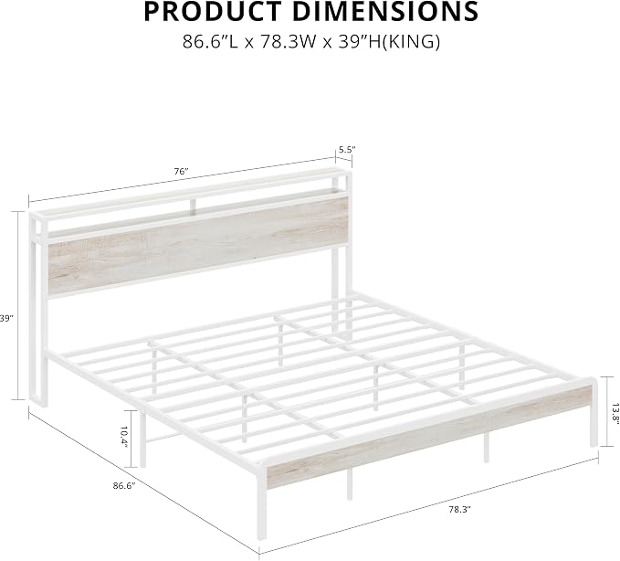 LIKIMIO King Size Bed Frame with 2-Tier Storage Shelf Headboard | Wood Platform Bed, Camas King with Strong Metal Supports, Sturdy, Noise-Free, No Box Spring Needed, White Maple