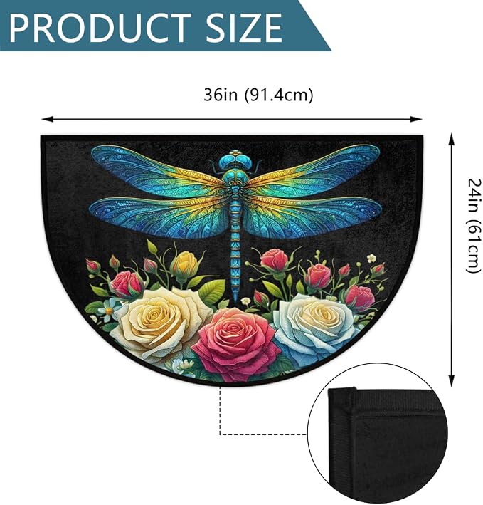 Floral Flower Dragonfly Half Round Door Mat Non-Slip Semi Circle Rug Washable Half Moon Floor Rug Absorbent Bathroom Area Rugs for Outdoor Indoor Fireplace Mat Entryway Kitchen Decor Rugs