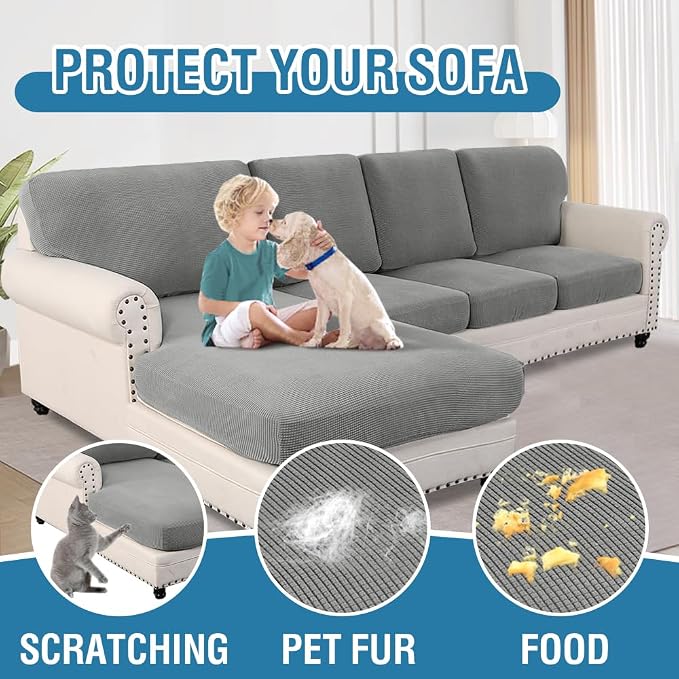 H.VERSAILTEX Sectional Couch Covers 8 Pieces Stretch Sofa Covers for Sectional Sofa Set Separate L Shaped Couch Cover for Both Left/Right Couch (Seat and Back: 1 Chaise + 3 Sofa, Dove)