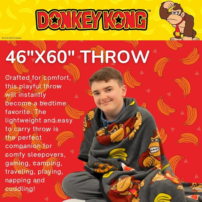 Franco Collectibles Nintendo Donkey Kong Gaming Bedding Super Soft Micro Raschel Throw, 46 in x 60 in, (Officially Licensed Product)
