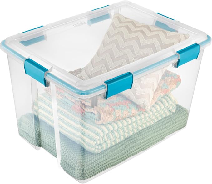 Sterilite Gasket Storage Box with Lids for Home & Office, 80 Quart, 12-Pack | Heavy-Duty, Stackable, and Organizing Containers for Bathroom, Cabinet, Closet, and Garage, Clear and Blue Aquarium Latches
