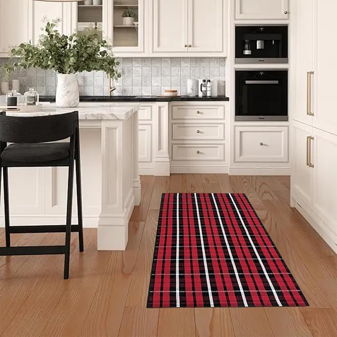 USTIDE Buffalo Plaid Cotton Handwoven Rug 2' x 4'3" Machine Washable Layered Front Porch Rug Red Black Checkered Farmhouse Entryway Mat Indoor Outdoor Door Mat for Patio Porch Christmas Holiday Decor