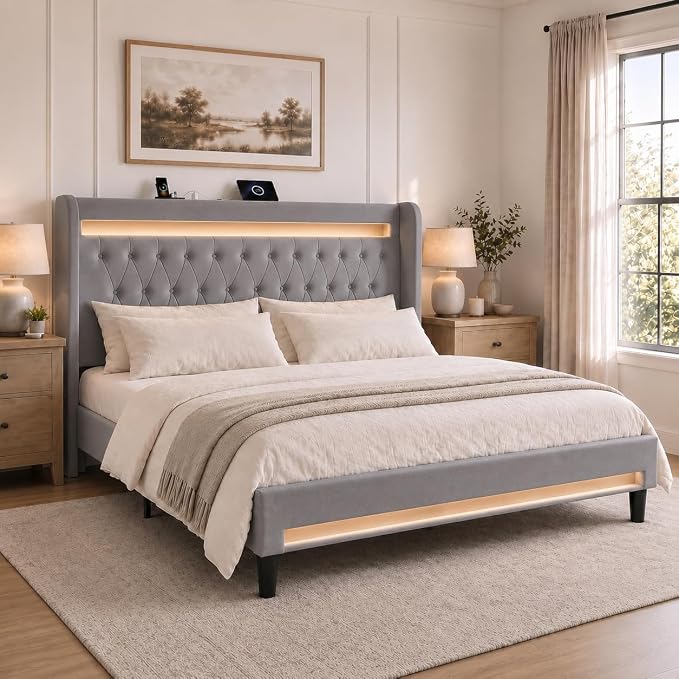 Allewie King Size Upholstered Bed Frame with LED & Charging Station, Gray | Customizable LED lights, charging station, tufted wingback headboard, noise-reducing support, and no box spring needed.