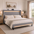 Allewie King Size Upholstered Bed Frame with LED & Charging Station, Gray | Customizable LED lights, charging station, tufted wingback headboard, noise-reducing support, and no box spring needed.