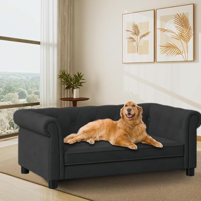 Dog Sofa for Small & Medium Dogs | Removable & Washable | No Assembly Required | Breathable Linen Fabric | Soft Foam |Floor-friendly sofa legs |Black