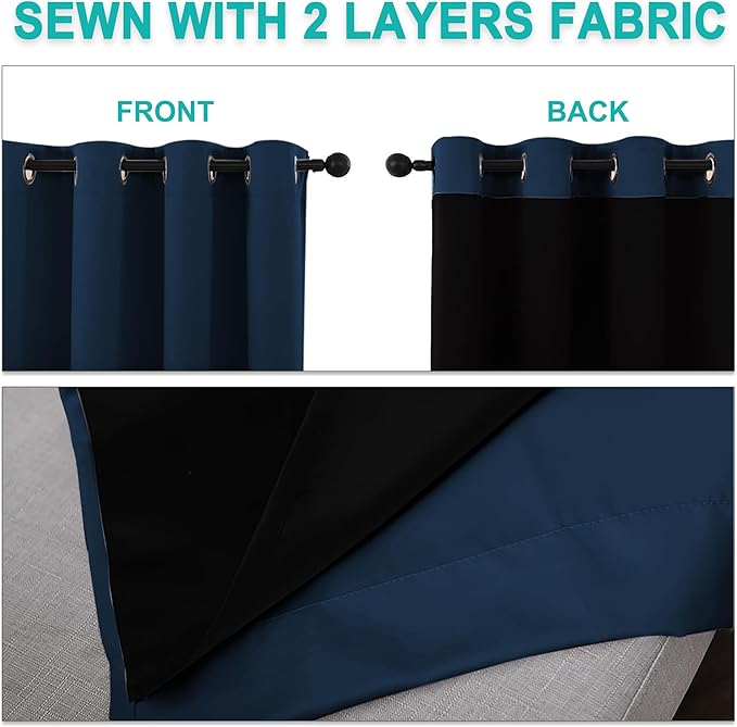 NICETOWN 100% Blackout Short Curtains with Black Liners, 2 Panels, 37" W by 60" L, Moroccan Blue, Thermal Insulated Full Blackout 2-Layer Lined Drapes, Energy Efficiency Window Draperies for Bedroom