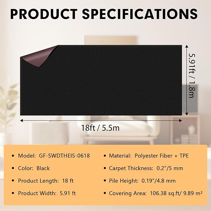 Grefinity Marine Carpet,6 FT x 18 FT Black Indoor Outdoor Carpet 0.2" Thick Boat Rug with Water-Proof TPE Backing for Home, Patio, Porch, Deck