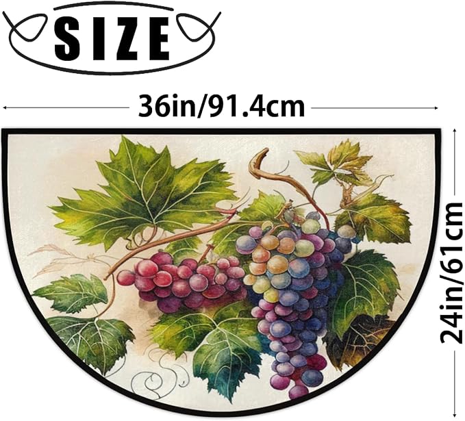 Hand Painting Fruit Grape Half Round Doormat Washable Semi Circle Area Rug Non Slip Absorbent Half Moon Rugs for Indoor Outdoor Kitchen Bathroom Bedroom Living Room Fireplace Floor Carpet Decor