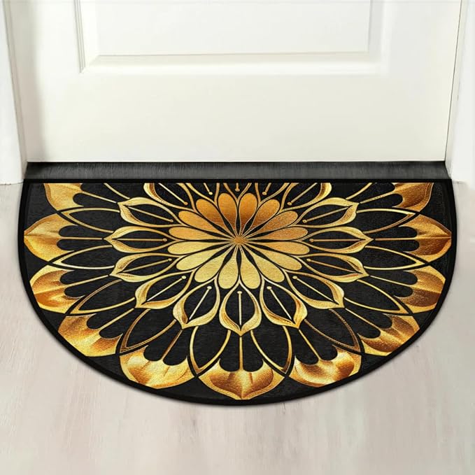 Mandala Golden Half Round Door Mat Semi Moon Rug Fireplace Carpet Area Rugs | Mandala Golden Non Slip Absorbent Half Circle Mat Carpet for Indoor Outdoor Patio Kitchen Bathroom Entryway Home Decor