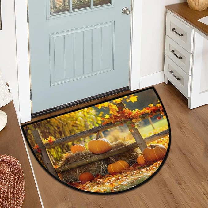 Pumpkin Half Round Doormat Non-Slip Semi Circle Rug Half Moon Mat | Autumn Maple Tree Washable Soft Absorbent Indoor Outdoor Entrance Kitchen Bathroom Sink Patio Welcome Fireplace Floor Rug