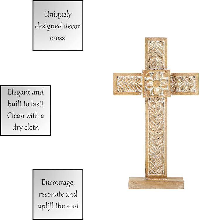 Creative Brands Faithworks - Whitewashed Wood Cross, 8 x 14-Inch, Carved Floral - Standing