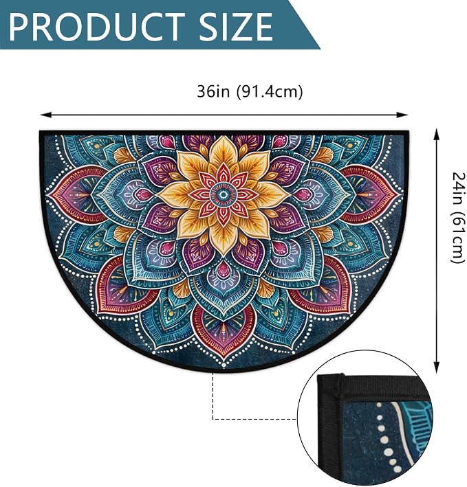Mandala Half Round Door Mat Semi Circle Rug Half Moon Doormat | Soft Washable Bohemian Floral Welcome Entrance Mat for Outdoor Indoor Floor Bedroom Bathroom Home Kitchen Festival Decor